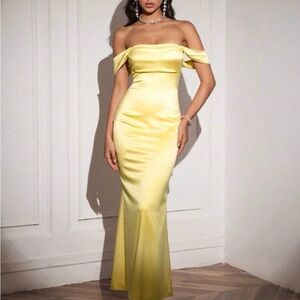Pale Butter Yellow Off Shoulder Satin Slip Dress with Stretch in time for Prom
